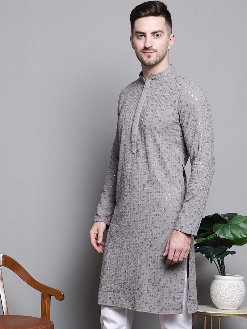 Jompers Men's Sequin Embroidered Pure Cotton Kurtas (Grey, XXL) - Image 3