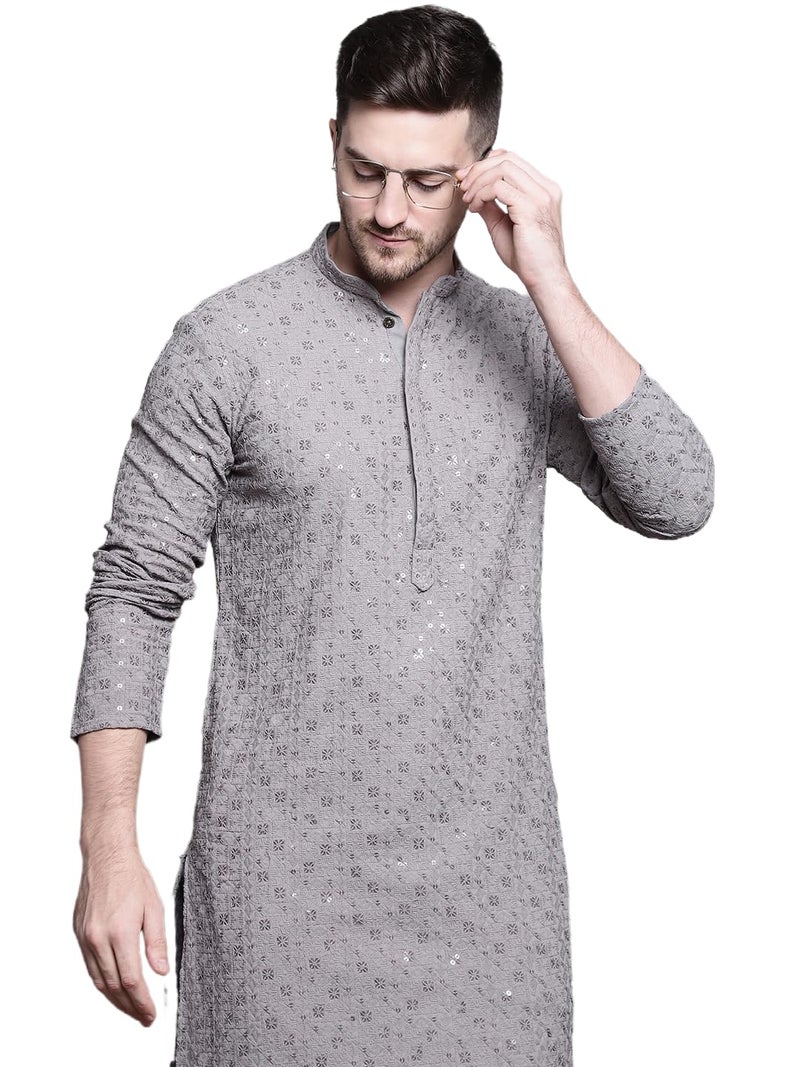 Jompers Men's Sequin Embroidered Pure Cotton Kurtas (Grey, XXL) - Image 1
