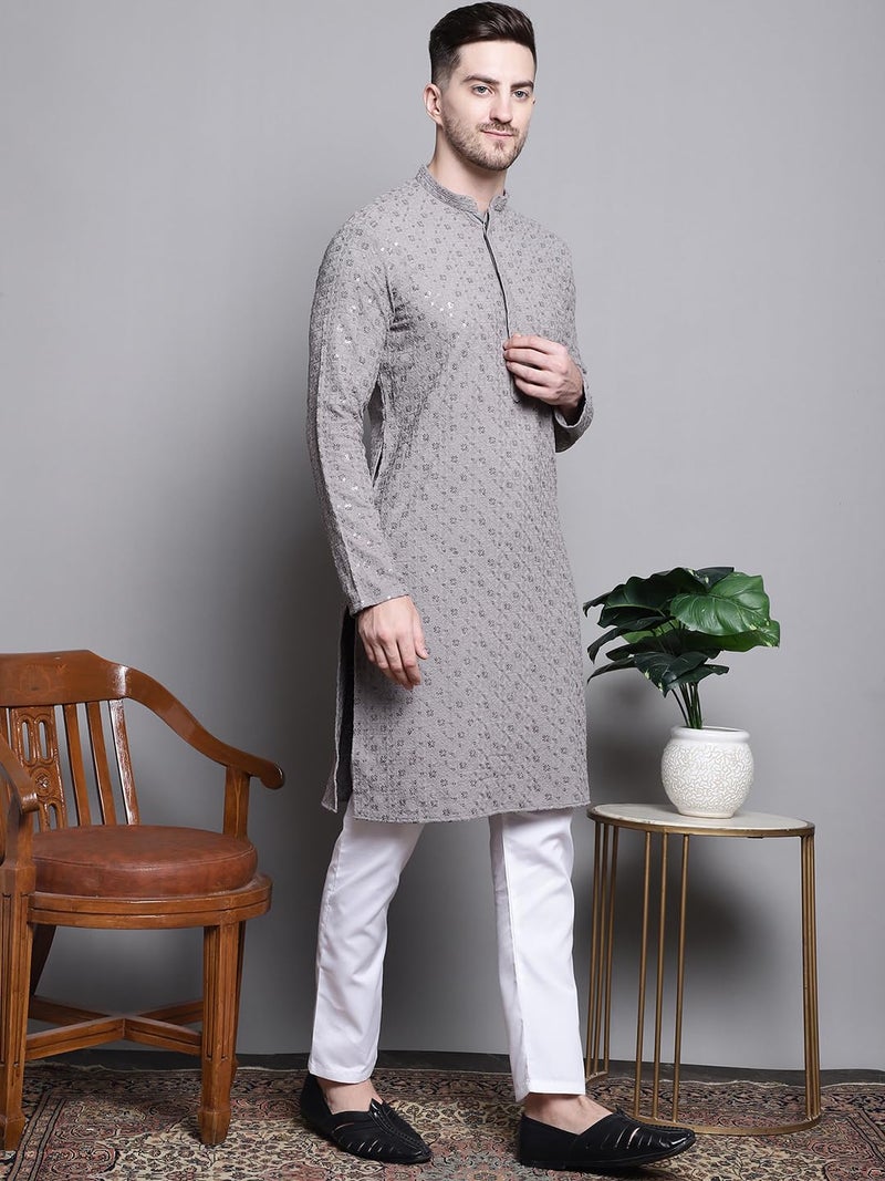 Jompers Men's Sequin Embroidered Pure Cotton Kurtas (Grey, XXL) - Image 4