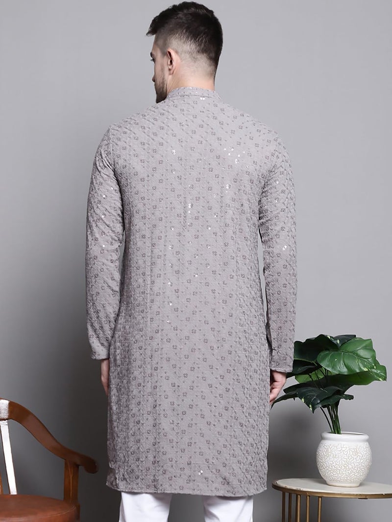 Jompers Men's Sequin Embroidered Pure Cotton Kurtas (Grey, XXL) - Image 2