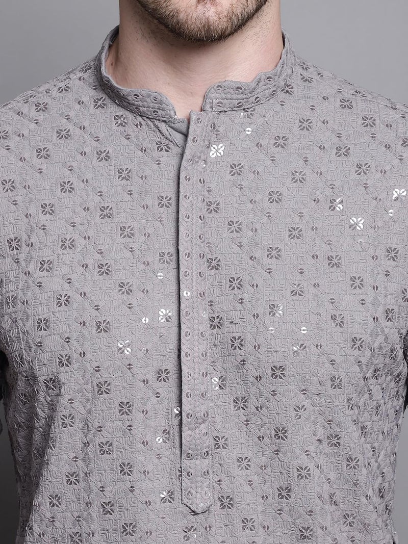Jompers Men's Sequin Embroidered Pure Cotton Kurtas (Grey, XXL) - Image 5