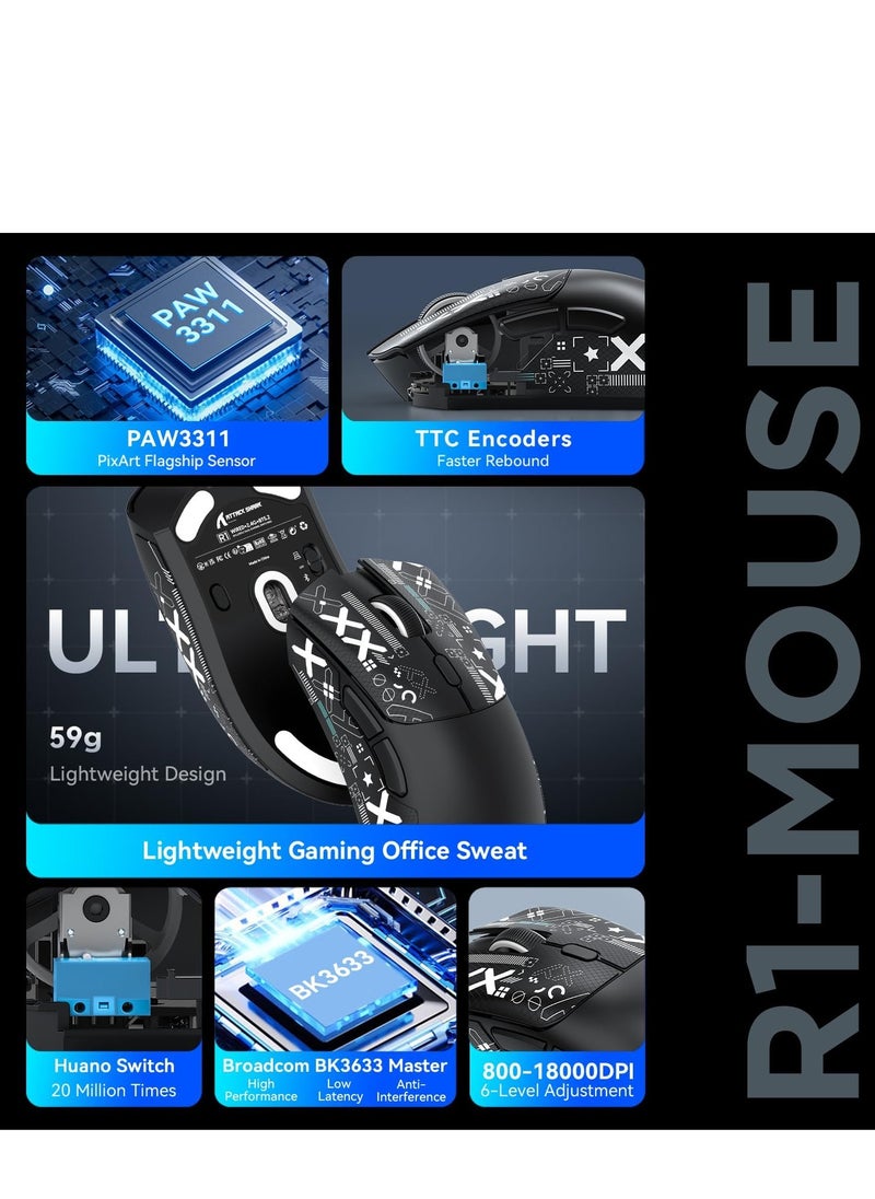 Attack Shark R1 59g Superlight Mouse with Ribbon, Wireless/Wired BT/2.4G Gaming Mouse, 6 DPI Adjustable up to 18000, 65 Hour Battery  - Image 2