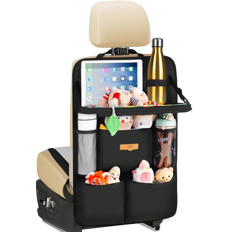 SURDOCA Backseat Car Organizer with Foldable Tray for Kids & Adults â€“ NEW MODEL Seat Storage with Touchable Tablet Pocket, Roadtrip Essentials â€“ Fits Most Vehicles - Image 1
