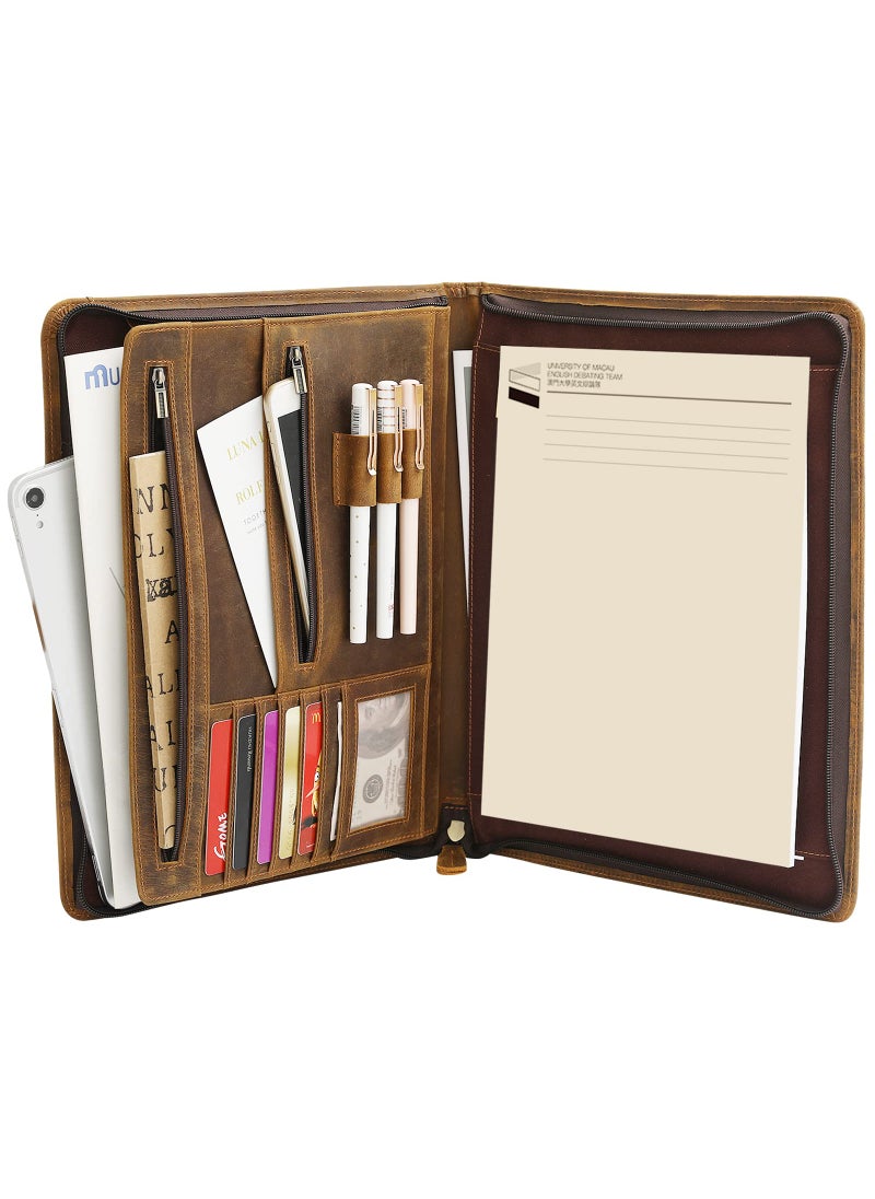 RINGSUN Ringsun Leather Portfolio Organizer with Zipper for Men Women, Leather Padfolio Business Resume Legal Pad Portfolio Notebook Binder for A4/Pad, Leather Folio Leather Folder, Brown  - Image 1