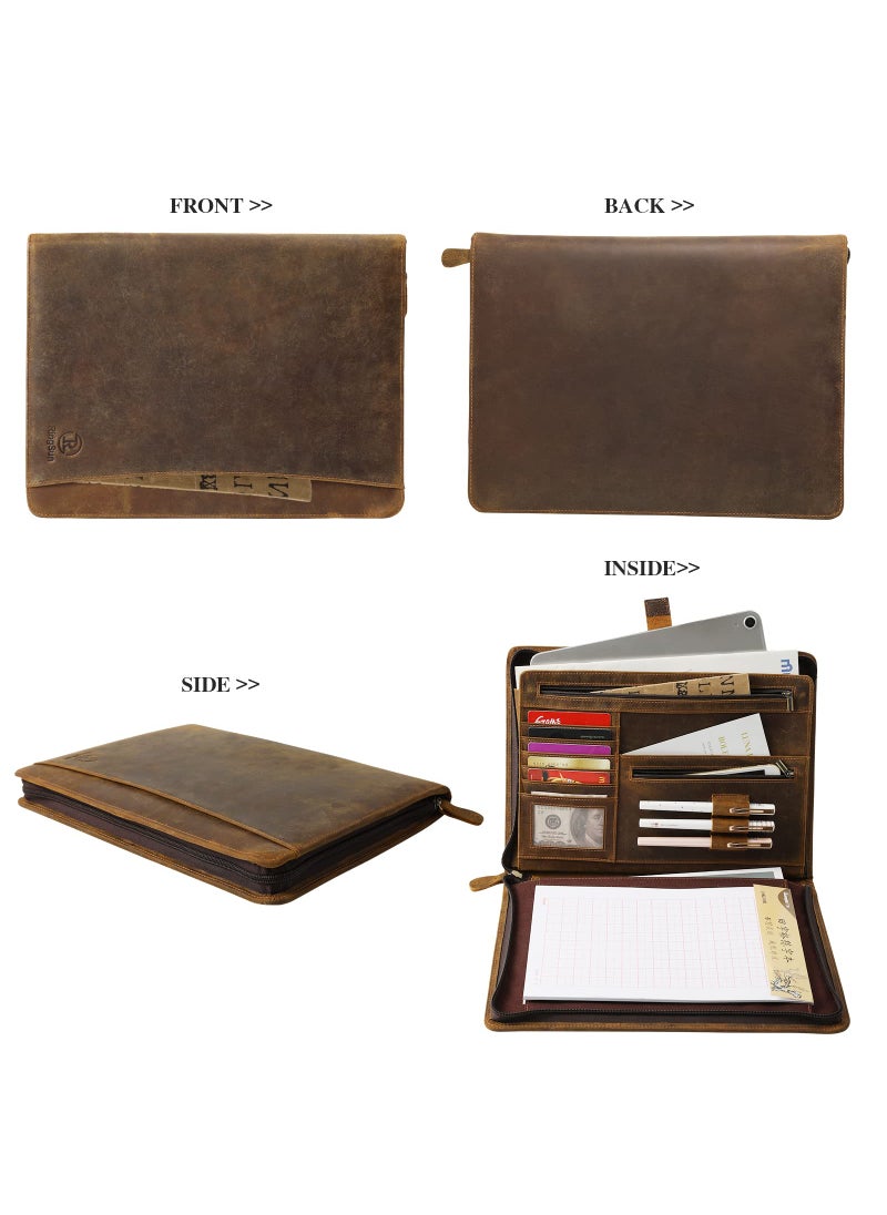 RINGSUN Ringsun Leather Portfolio Organizer with Zipper for Men Women, Leather Padfolio Business Resume Legal Pad Portfolio Notebook Binder for A4/Pad, Leather Folio Leather Folder, Brown  - Image 3