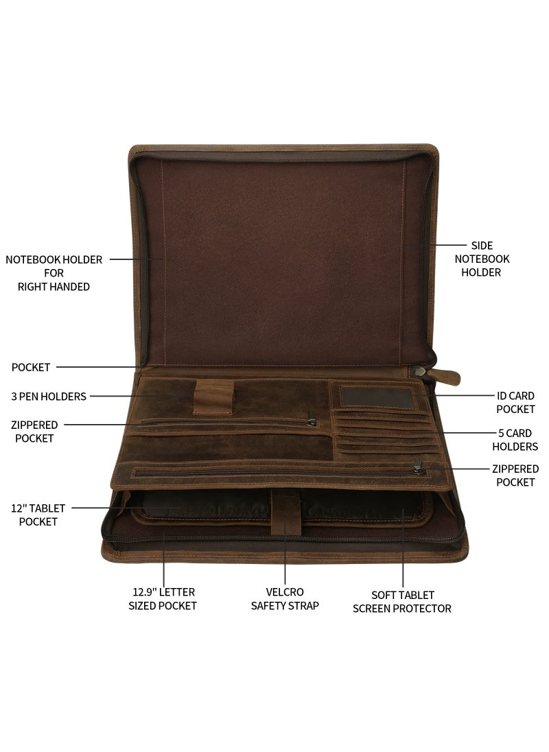 RINGSUN Ringsun Leather Portfolio Organizer with Zipper for Men Women, Leather Padfolio Business Resume Legal Pad Portfolio Notebook Binder for A4/Pad, Leather Folio Leather Folder, Brown  - Image 4