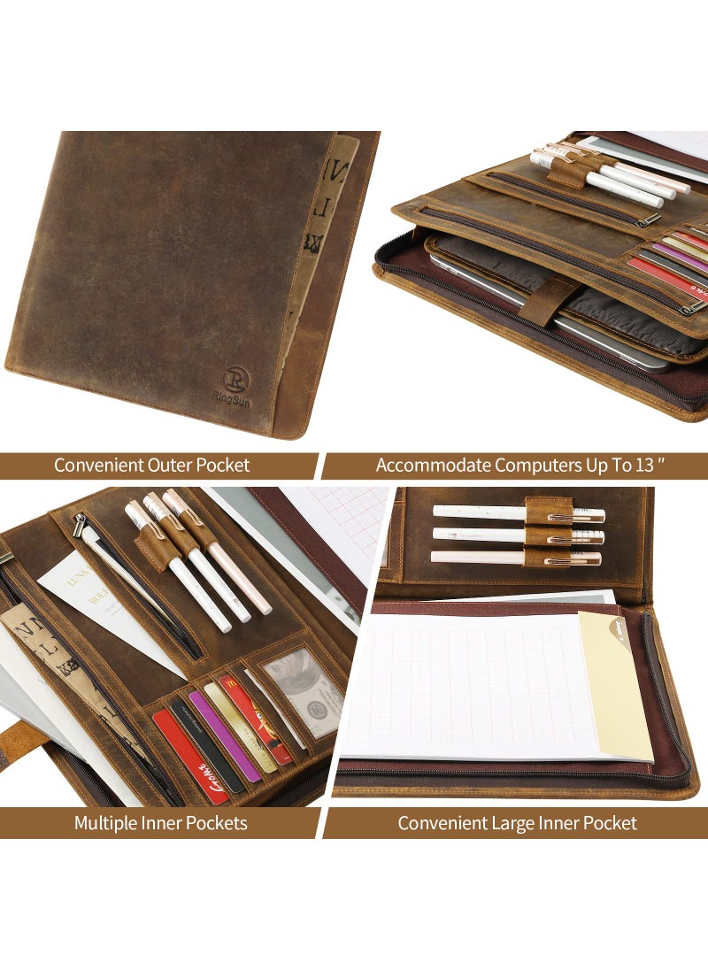 RINGSUN Ringsun Leather Portfolio Organizer with Zipper for Men Women, Leather Padfolio Business Resume Legal Pad Portfolio Notebook Binder for A4/Pad, Leather Folio Leather Folder, Brown  - Image 5