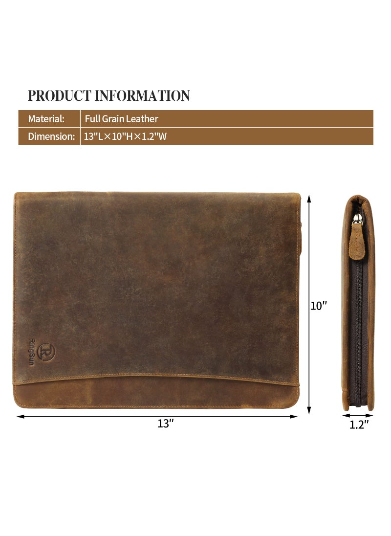 RINGSUN Ringsun Leather Portfolio Organizer with Zipper for Men Women, Leather Padfolio Business Resume Legal Pad Portfolio Notebook Binder for A4/Pad, Leather Folio Leather Folder, Brown  - Image 2