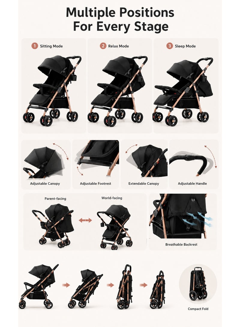 Bannuti Luxury 3 In 1 Baby Stroller With Bassinet Adjustable Reclining Seat Foldable Travel System Pushchair Pram For Newborn And Toddler - Image 2