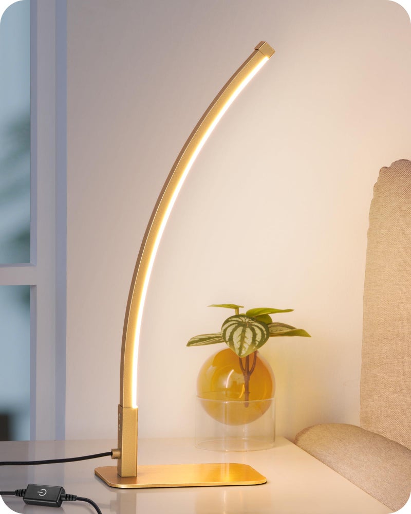 EDISHINE Curved LED Table Lamp, Modern Bedside Lamp with 3 Color Temperature & Stepless Dimming, Aluminum & Iron, Nightstand Lamp for Bedroom, Living Room, Gold - Image 1