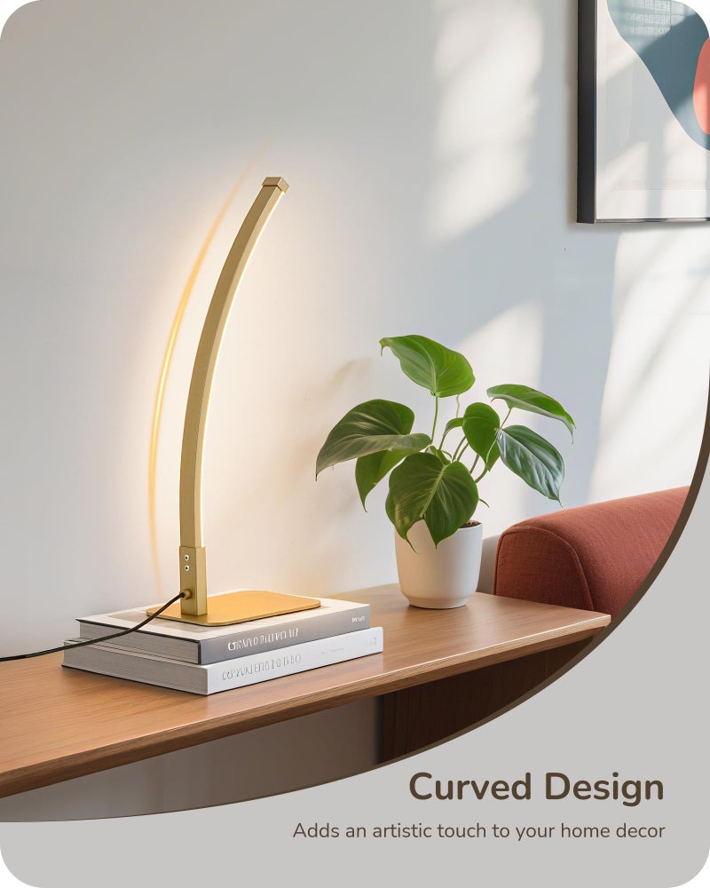 EDISHINE Curved LED Table Lamp, Modern Bedside Lamp with 3 Color Temperature & Stepless Dimming, Aluminum & Iron, Nightstand Lamp for Bedroom, Living Room, Gold - Image 2