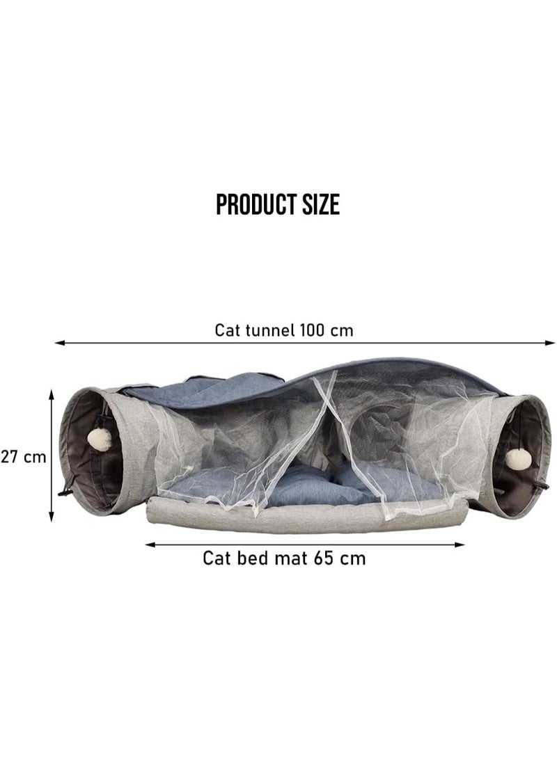 أن ان سي بيتس سرير نفق للقطط، مع وسادة وسجادة ولعبة قطط، سرير قطط 2 في 1 قابل للطي والغسل مع نفق تفاعلي، منزل مخبأ ذو فتحة ذروة للقطط الصغيرة 100 سم (رمادي) - Image 2