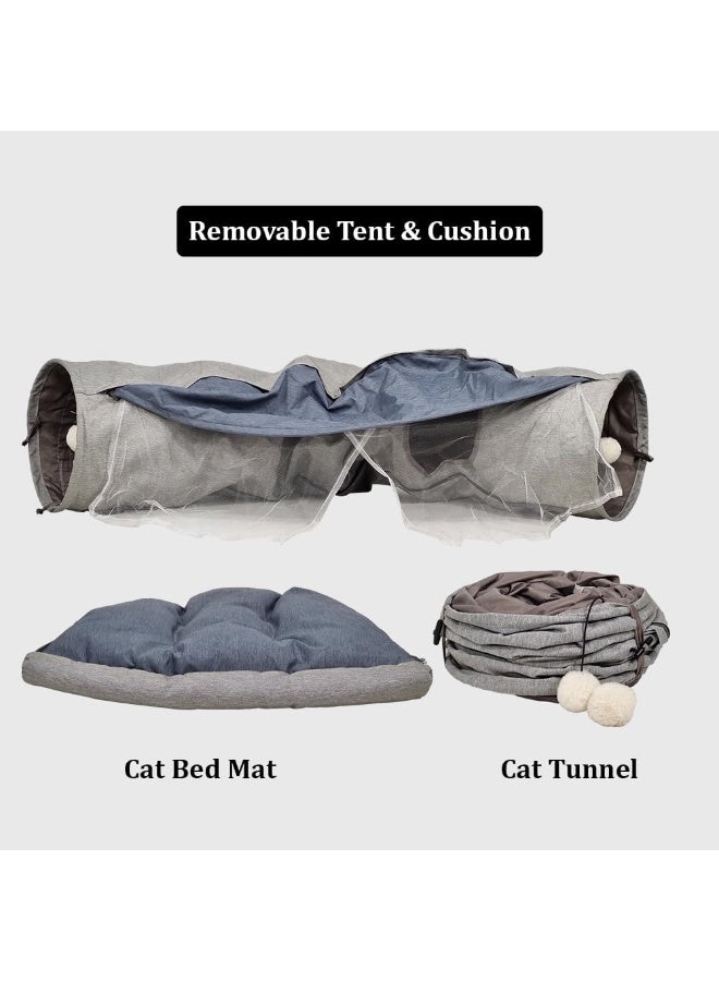 أن ان سي بيتس سرير نفق للقطط، مع وسادة وسجادة ولعبة قطط، سرير قطط 2 في 1 قابل للطي والغسل مع نفق تفاعلي، منزل مخبأ ذو فتحة ذروة للقطط الصغيرة 100 سم (رمادي) - Image 4