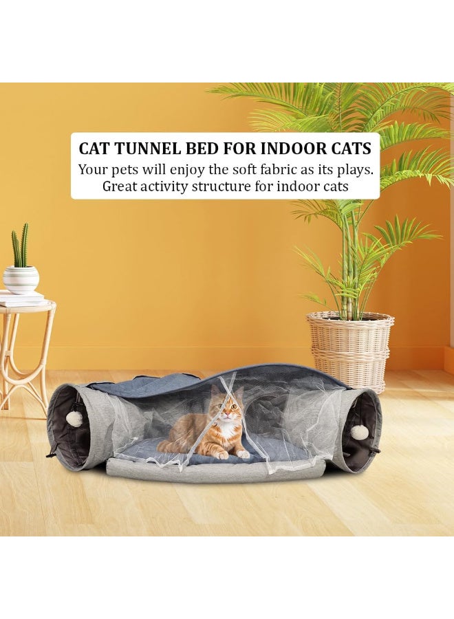 أن ان سي بيتس سرير نفق للقطط، مع وسادة وسجادة ولعبة قطط، سرير قطط 2 في 1 قابل للطي والغسل مع نفق تفاعلي، منزل مخبأ ذو فتحة ذروة للقطط الصغيرة 100 سم (رمادي) - Image 5