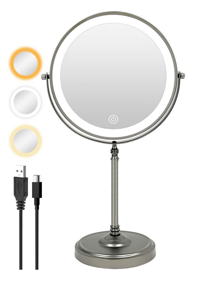 Lansi 9 Large Lighted Makeup Mirror5000Mah Rechargeable Magnifying Vanity Mirror With 3 Colors Dimmable Lights 1X10X Double Sided Magnification Light Stand Up Desk Mirror Gunmetal Gray  - Image 1
