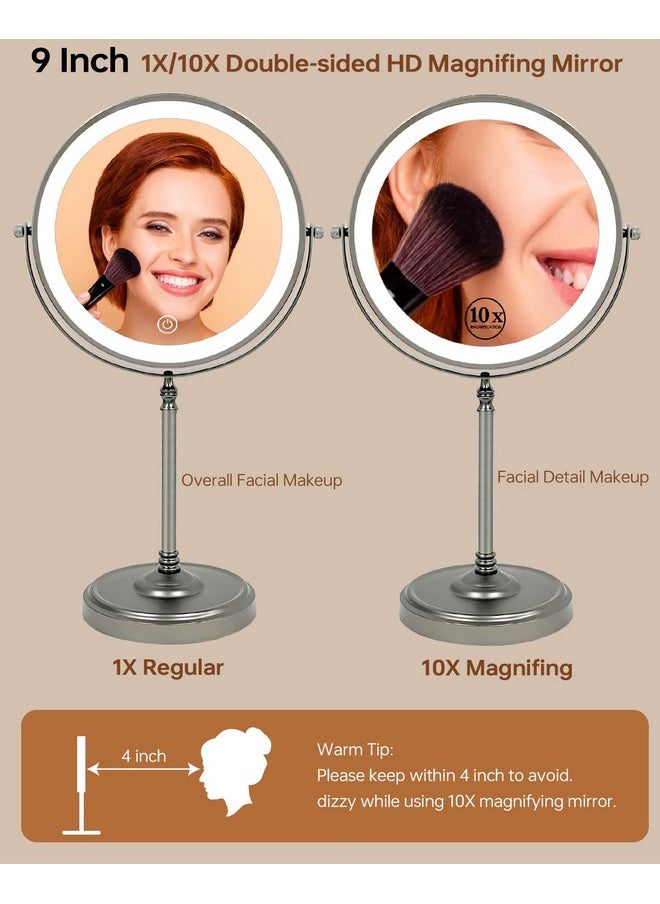 Lansi 9 Large Lighted Makeup Mirror5000Mah Rechargeable Magnifying Vanity Mirror With 3 Colors Dimmable Lights 1X10X Double Sided Magnification Light Stand Up Desk Mirror Gunmetal Gray  - Image 4