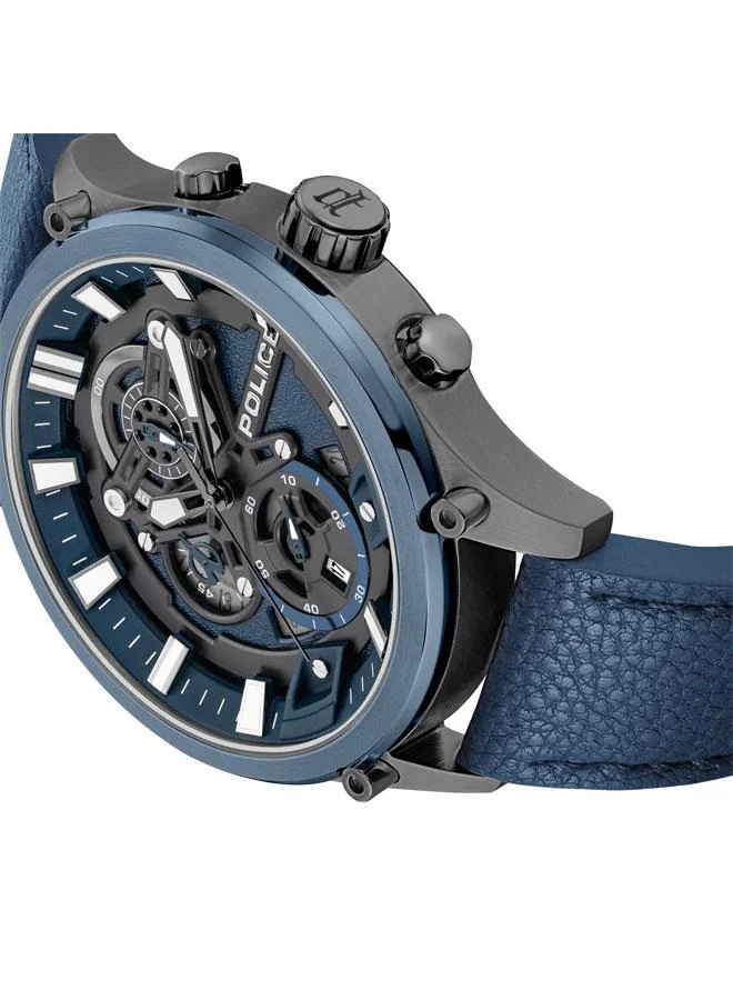 POLICE Men's Men's Wadden 45mm Chronograph Watch with Blue Leather Strap, Quartz Movement, Screw-Detailed Dial