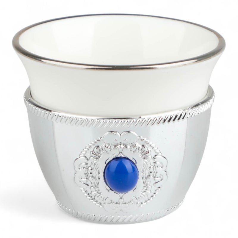 Soleter Queen Tea Cup Set 6-Piece Silver & Blue – White Ceramic Cups with Blue Gem Medallion Holder, Premium Porcelain Tableware for Home & Special Occasions - Image 2