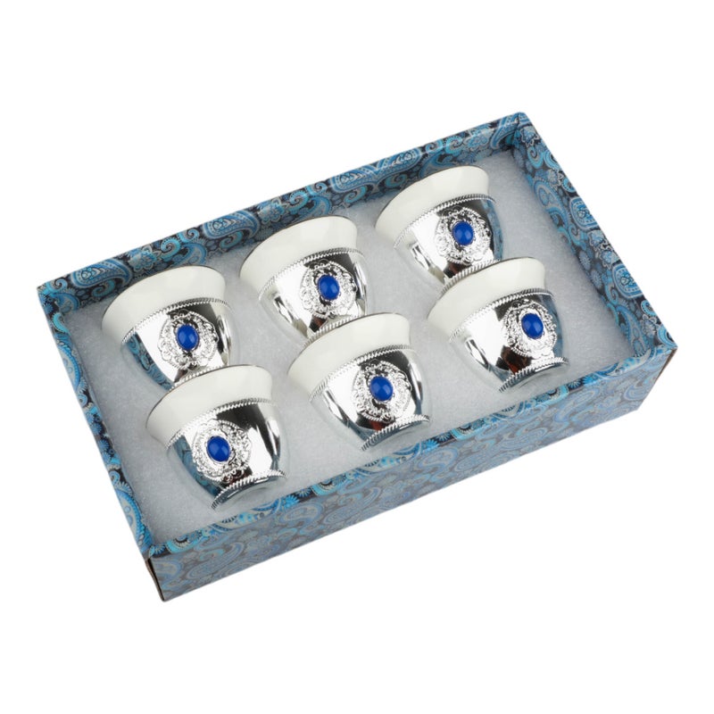 Soleter Queen Tea Cup Set 6-Piece Silver & Blue – White Ceramic Cups with Blue Gem Medallion Holder, Premium Porcelain Tableware for Home & Special Occasions - Image 1