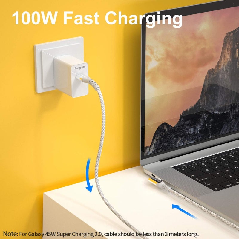 فاسجير كابل 100 واط USB C إلى Type C بزاوية 90 درجة بطول 3 أقدام، USB 3.1 Gen 2، نقل بيانات 10 جيجابت في الثانية، توصيل طاقة 5 أمبير (PD) مع E-Marker متوافق مع Link وسماعة VR ومحطة توصيل PD وHHD وMacBook وشاشات 4K، رمادي - Image 3