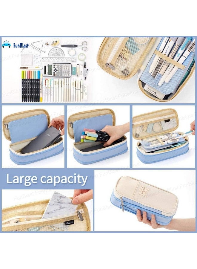 FunBlast Large Capacity Pencil Case, Multiple Compartment Double Zipper Portable Pencil Pouch, Aesthetic Pouch, Kawaii Pencil Case, Cute Pouches for Girls, Stationary Organizer Bag (Sky Blue) - Image 3