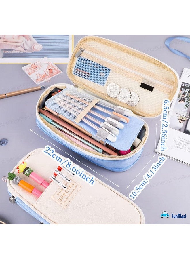 FunBlast Large Capacity Pencil Case, Multiple Compartment Double Zipper Portable Pencil Pouch, Aesthetic Pouch, Kawaii Pencil Case, Cute Pouches for Girls, Stationary Organizer Bag (Sky Blue) - Image 2