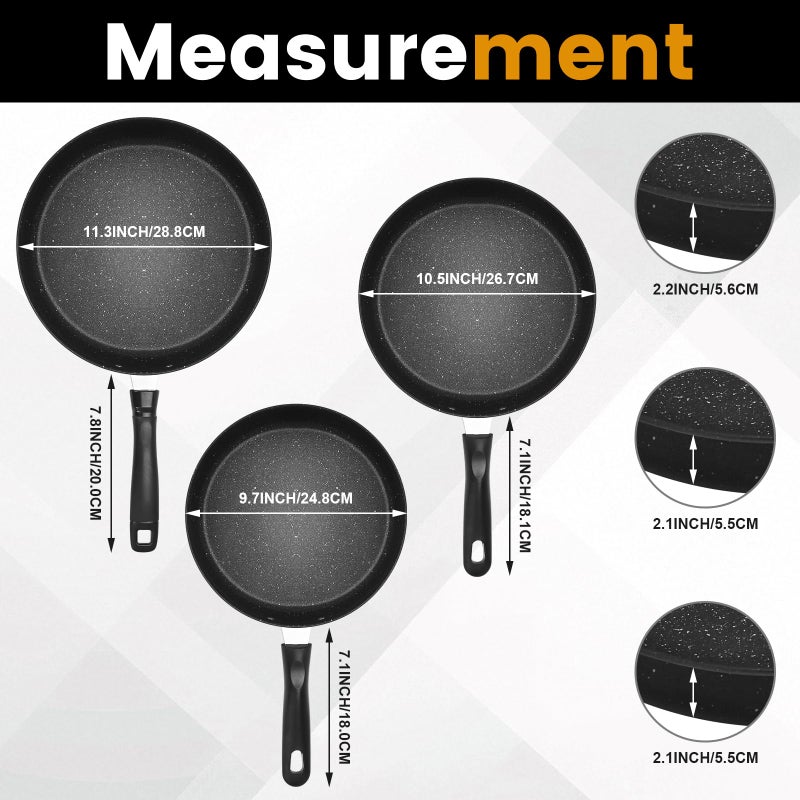 EABOSON Nonstick Frying Pan Skillet 3 Piece Set, Stone Coating Cookware, 9, 10 & 11 Inches Egg Omelette Pan with Heat-Resistant Handle, PFOA Free,Induction Compatible - Image 2