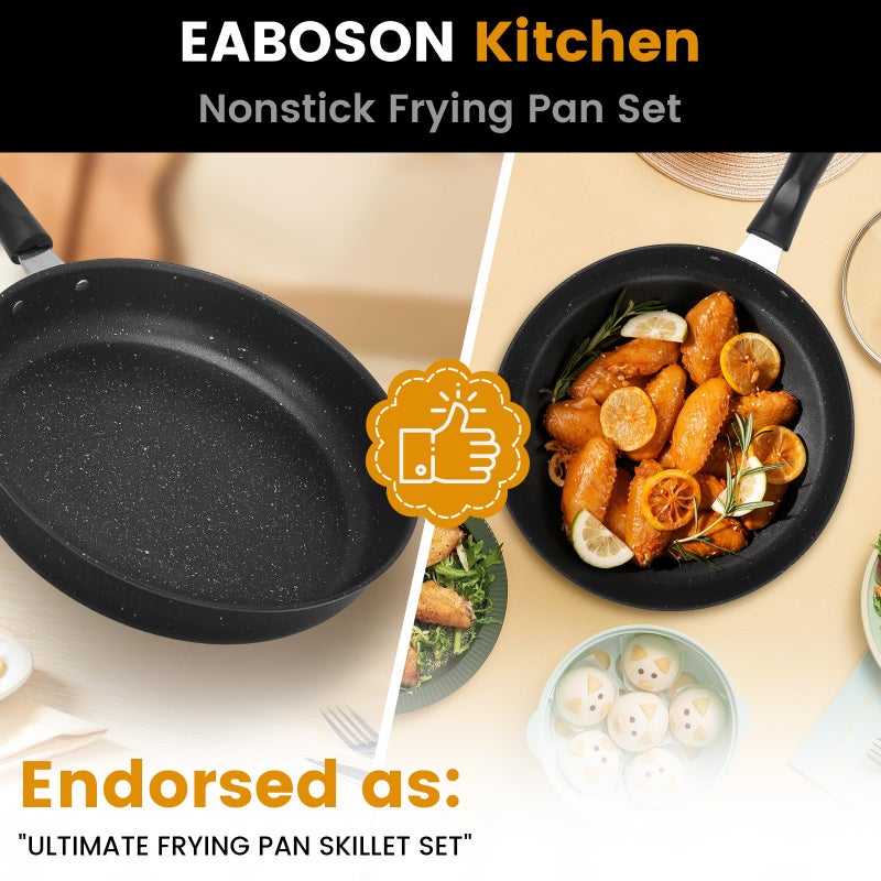 EABOSON Nonstick Frying Pan Skillet 3 Piece Set, Stone Coating Cookware, 9, 10 & 11 Inches Egg Omelette Pan with Heat-Resistant Handle, PFOA Free,Induction Compatible - Image 4