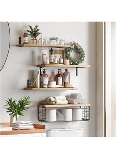 XiuWoo 4 Pack Wood Wall Mounted Floating Shelves, Hanging Shelf Storage Rack, Home Display Rack, Plant Shelf, Home Storage Rack with Wire Storage Basket for Home, Office  - Image 2
