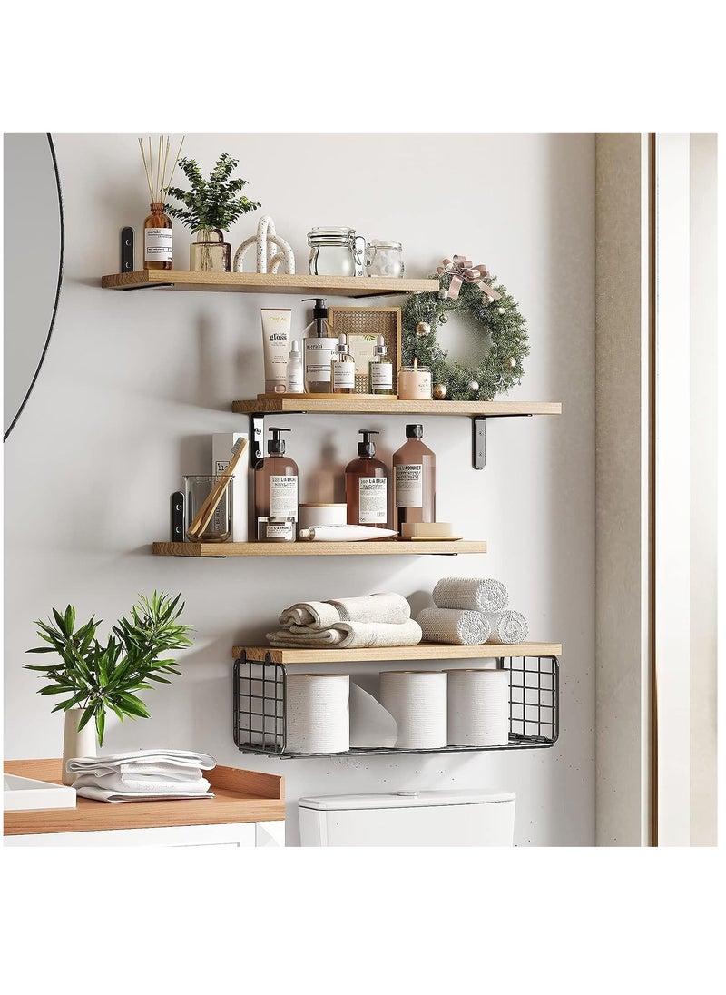 XiuWoo 4 Pack Wood Wall Mounted Floating Shelves, Hanging Shelf Storage Rack, Home Display Rack, Plant Shelf, Home Storage Rack with Wire Storage Basket for Home, Office  - Image 2