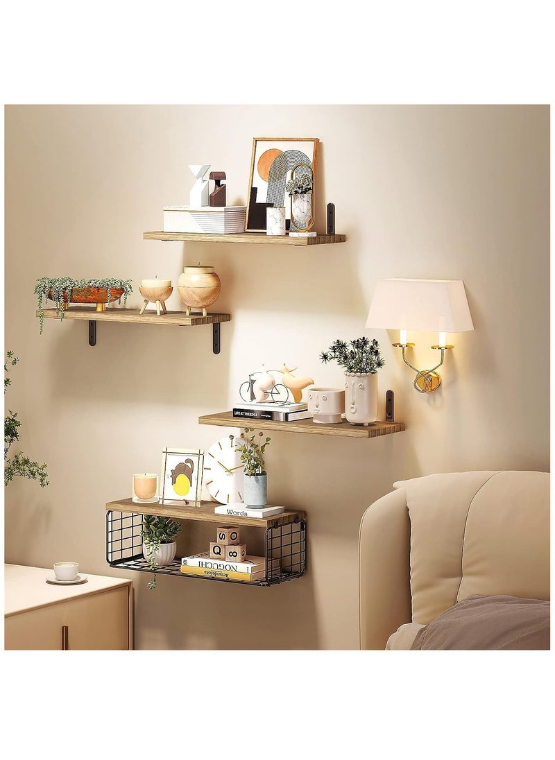 XiuWoo 4 Pack Wood Wall Mounted Floating Shelves, Hanging Shelf Storage Rack, Home Display Rack, Plant Shelf, Home Storage Rack with Wire Storage Basket for Home, Office  - Image 4