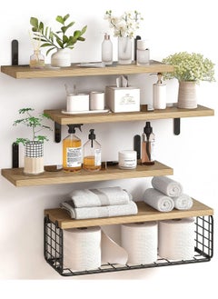 XiuWoo 4 Pack Wood Wall Mounted Floating Shelves, Hanging Shelf Storage Rack, Home Display Rack, Plant Shelf, Home Storage Rack with Wire Storage Basket for Home, Office  - Image 1