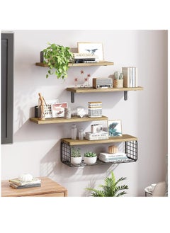 XiuWoo 4 Pack Wood Wall Mounted Floating Shelves, Hanging Shelf Storage Rack, Home Display Rack, Plant Shelf, Home Storage Rack with Wire Storage Basket for Home, Office  - Image 3