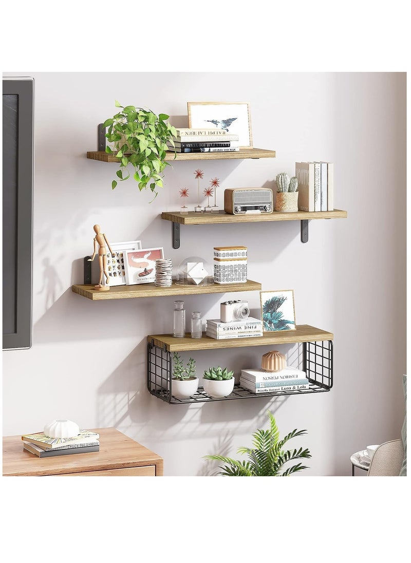 XiuWoo 4 Pack Wood Wall Mounted Floating Shelves, Hanging Shelf Storage Rack, Home Display Rack, Plant Shelf, Home Storage Rack with Wire Storage Basket for Home, Office  - Image 3