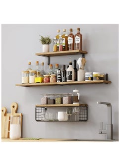 XiuWoo 4 Pack Wood Wall Mounted Floating Shelves, Hanging Shelf Storage Rack, Home Display Rack, Plant Shelf, Home Storage Rack with Wire Storage Basket for Home, Office  - Image 5