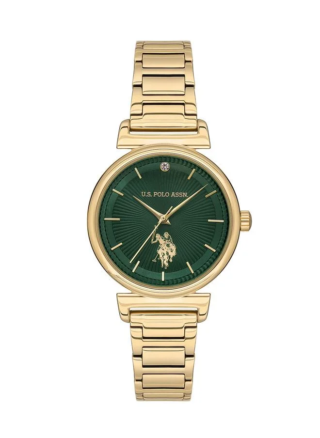 U.S. Polo Assn. U.S. Polo Assn. Stile 32mm Ladies' Watch with Bold Green Dial & Gold Stainless Steel Band - USPA2070-04, Classic Sophistication