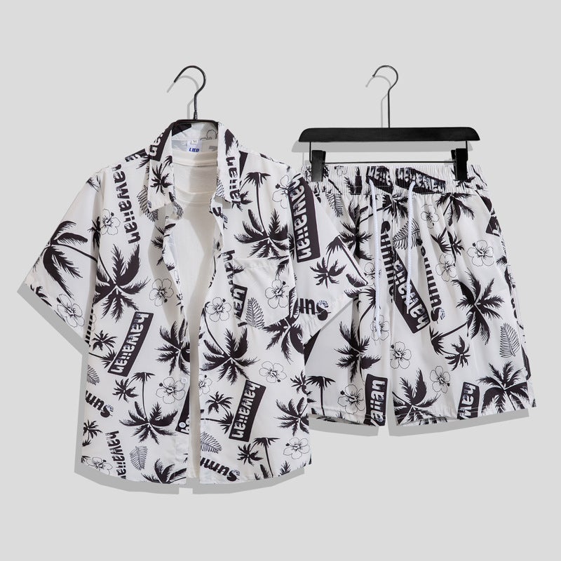 Beach Trendy Shirt Men'S Ins Summer Loose Short-Sleeved Shorts Suit Trendy Handsome Beach Floral Couple Clothes - Image 1