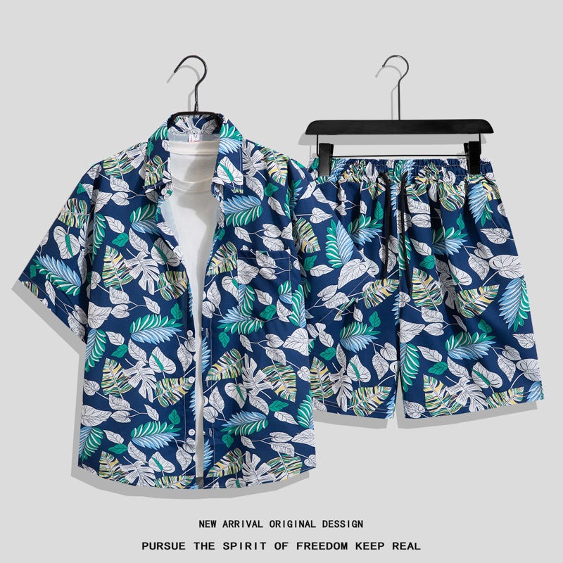 Beach Trendy Shirt Men'S Ins Summer Loose Short-Sleeved Shorts Suit Trendy Handsome Beach Floral Couple Clothes - Image 2