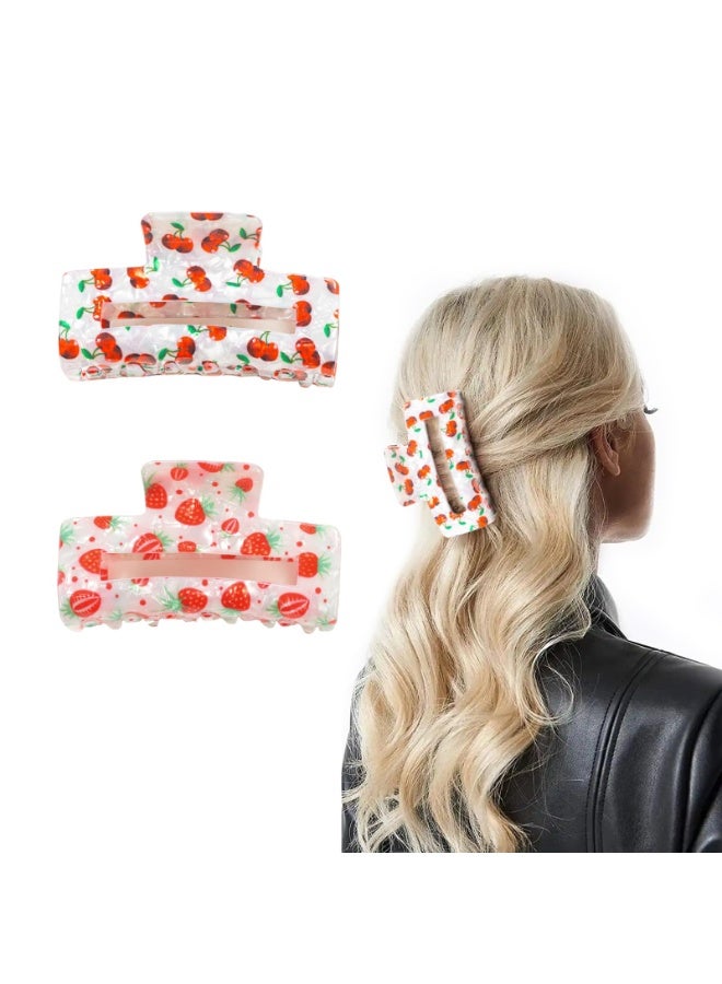 Cherry Strawberry Hair Claw Clips for Women Girls, 2 Pcs Cute Claw Clips for Thick and Thin Hair, Non-Slip Hair Clips, Large Square Hair Claws, Holiday Party Hair Accessories Gift Set - Image 1