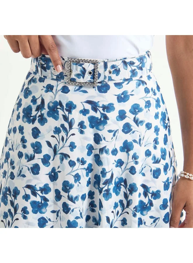 Splash FAV All-Over Print Belted Midi Skirt with Embellished Accent