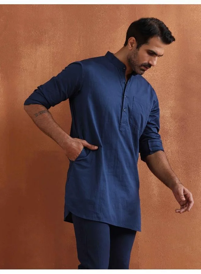 Men's Blue Cotton Short Kurta