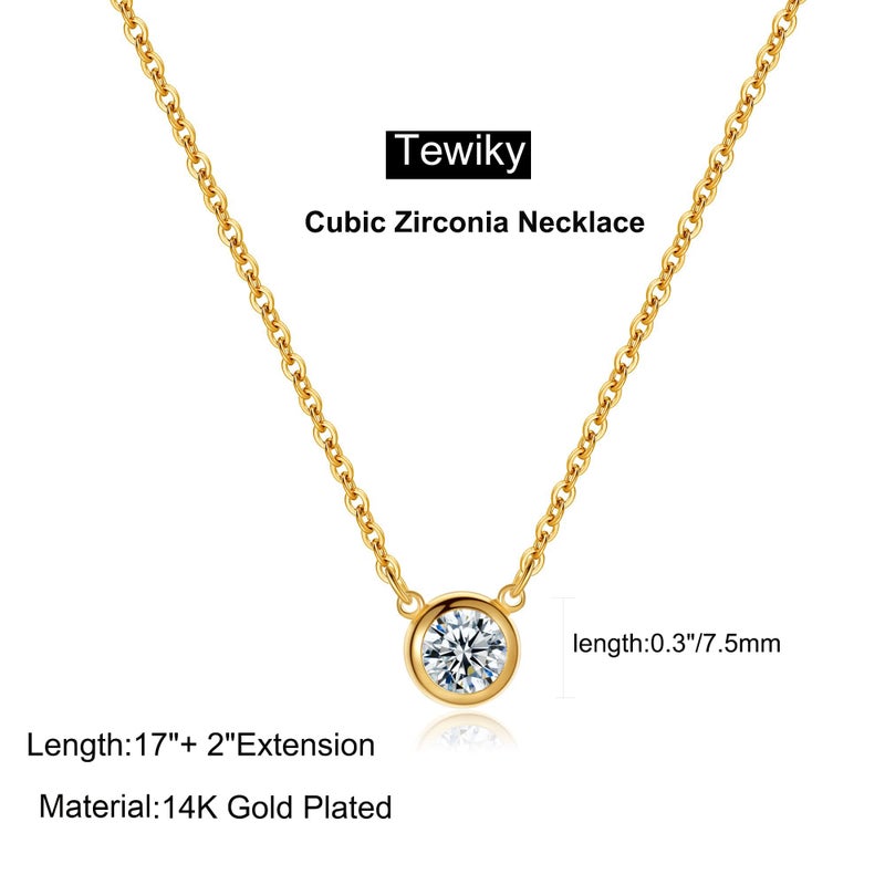 Tewiky Dainty 14k Gold Plated CZ Cubic Zirconia Solitaire Pendant Necklace - Minimalist Choker Necklace for Women ands - Image 3