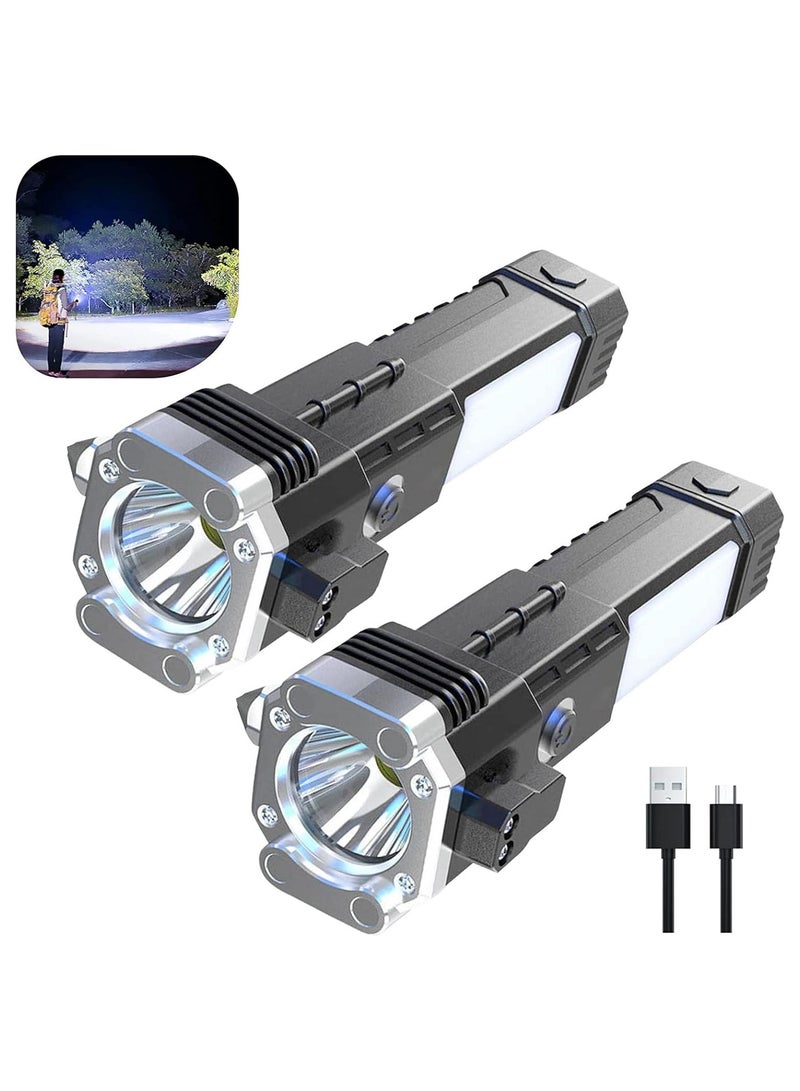 Led Handheld Flashlights Rechargeable,Waterproof Torch Light Super Bright Flashlights Flash Light with Hanging Magnet Safety Window-Breaking Hammer for Camping Outdoor Hiking Emergency 2pcs - Image 1