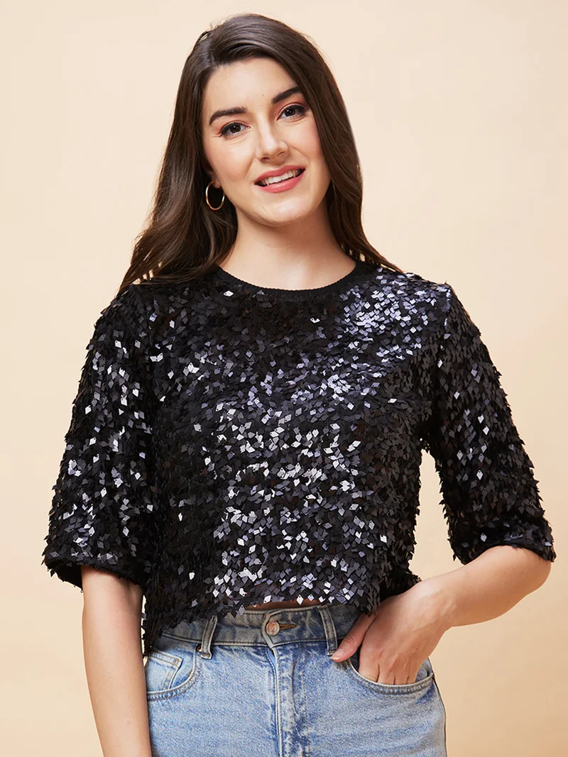 globus Women Black Embellished Sequinned Detailed Crop Top