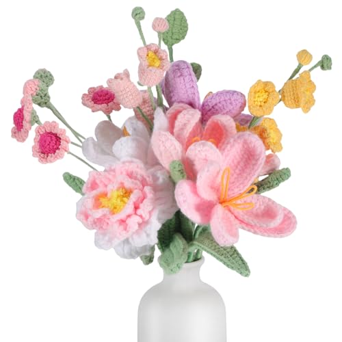 Breling Graduation Gifts Crochet Flower Bouquet Pink Peony Tulips Daisies Handmade Crochet Flower Bouquet for Birthday Anniversary Wedding Teacher Appreciation Gifts Home Decor - Image 1