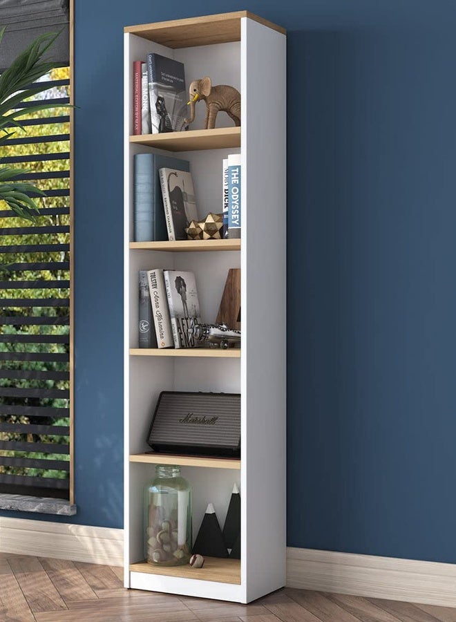 Home Canvas Bookcase Study Room with 5 Shelves Book Shelf Library Modern Wall Shelf White -Walnut - Image 1