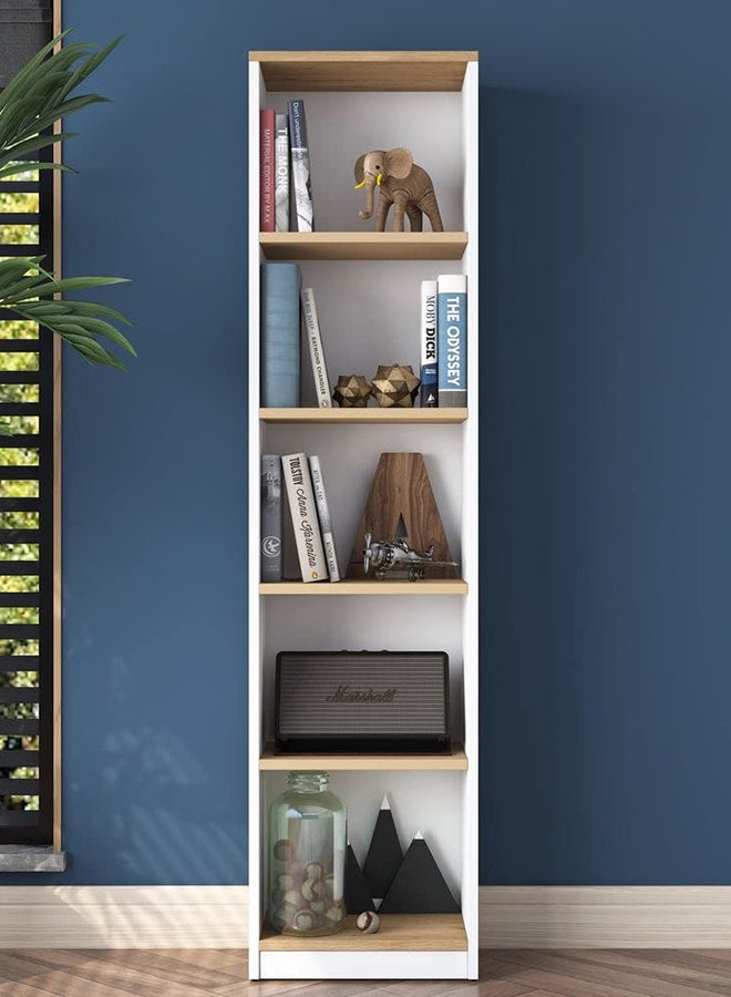 Home Canvas Bookcase Study Room with 5 Shelves Book Shelf Library Modern Wall Shelf White -Walnut - Image 2