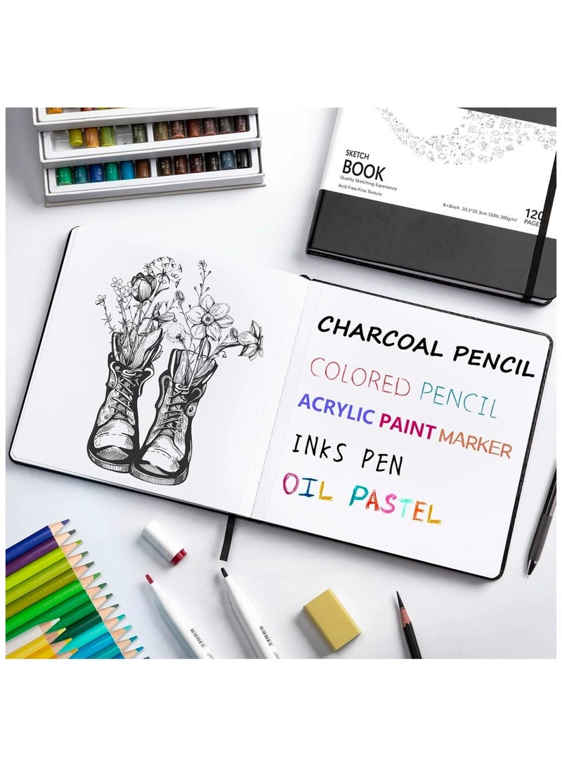 Hardcover Sketch Book 8" x 8", Square Mixed Media Art Sketchbook with 120LB/200GSM Thick Drawing Paper and Perforated Page Design, 120 Pages/60 Sheets Mixed Media Sketch Pad for Charcoal Pencil, Acrylic Marker, Inks Pen, Colored Pencil and Oil Pastel - Image 2