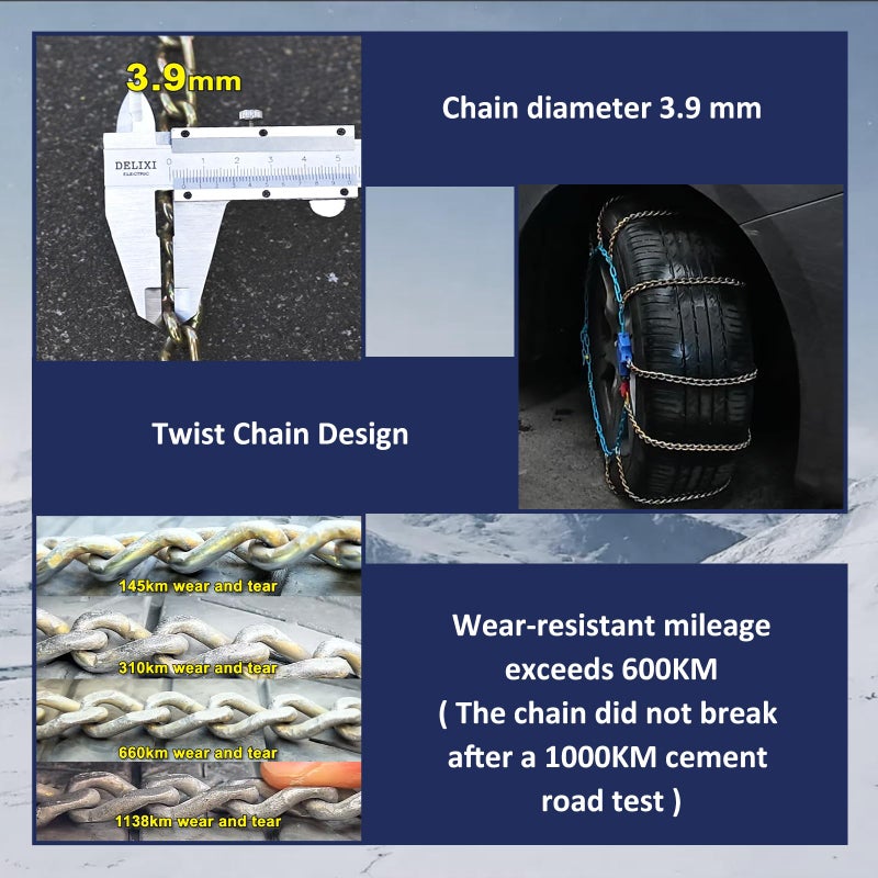 NEOCHIAEVO Auto Tightening Snow Chains Tire Chains, 1-Minute Quick Install, Twist-Link, Wear-Resistant, Universal for Car/SUV/Pickup Trucks, Multi-Weather Emergency Traction, Set of 2 (HLN-160, 3.9mm) - Image 3