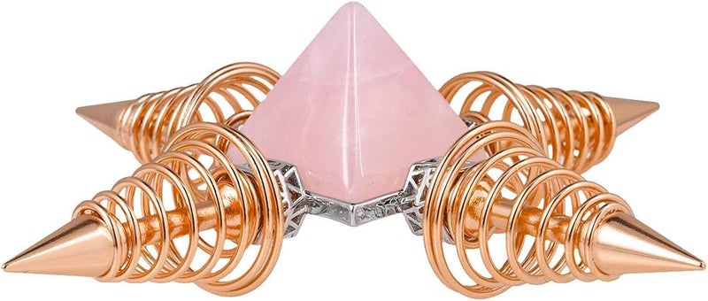 Rockcloud Pyramid & Spring Points Energy Generator, Reiki Healing Crystal Stone, Roese Quartz, Rose Gold Plated
